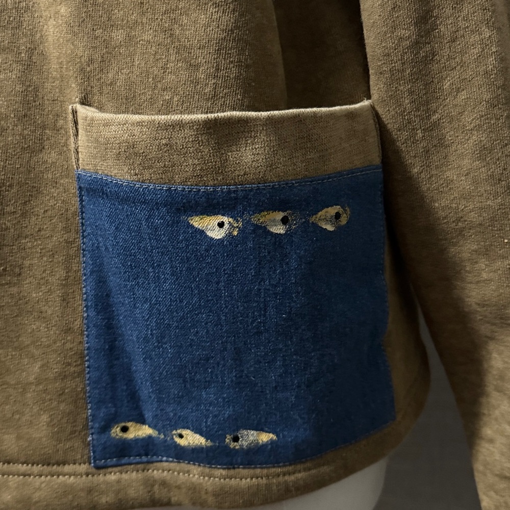 Vintage-Repurposed Sweatshirt-Tan-Abstract Detail-3 Button Toggle-Boxy Relaxed - Picture 5 of 16